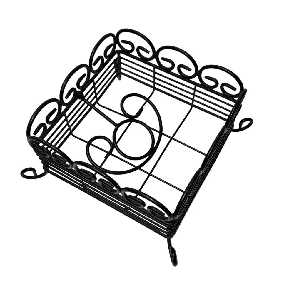 Black Wrought Iron Napkin Holder Square Scrollwork Metal Weighted Arm Farmhouse
